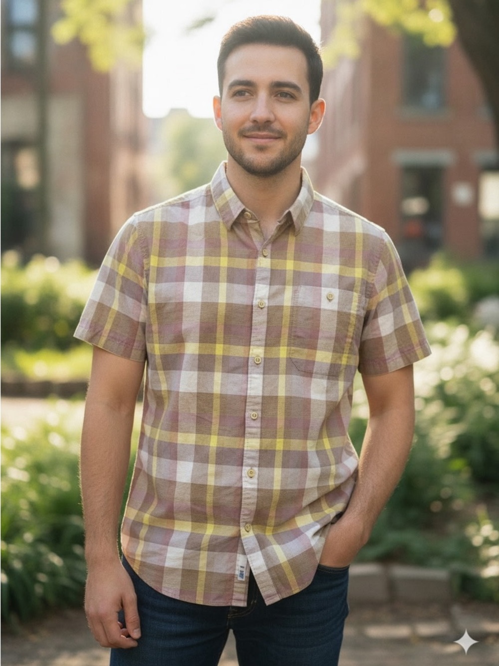 Mountain Hardwear Short-Sleeve Plaid Button-Down in Yellow and Brown